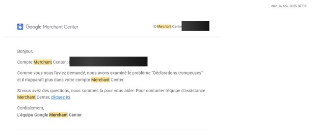Email de réactivation Google Merchant Center